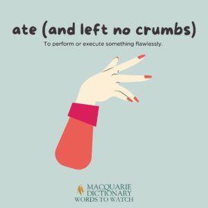 ate (and left no crumbs) To perform or execute something flawlessly. 